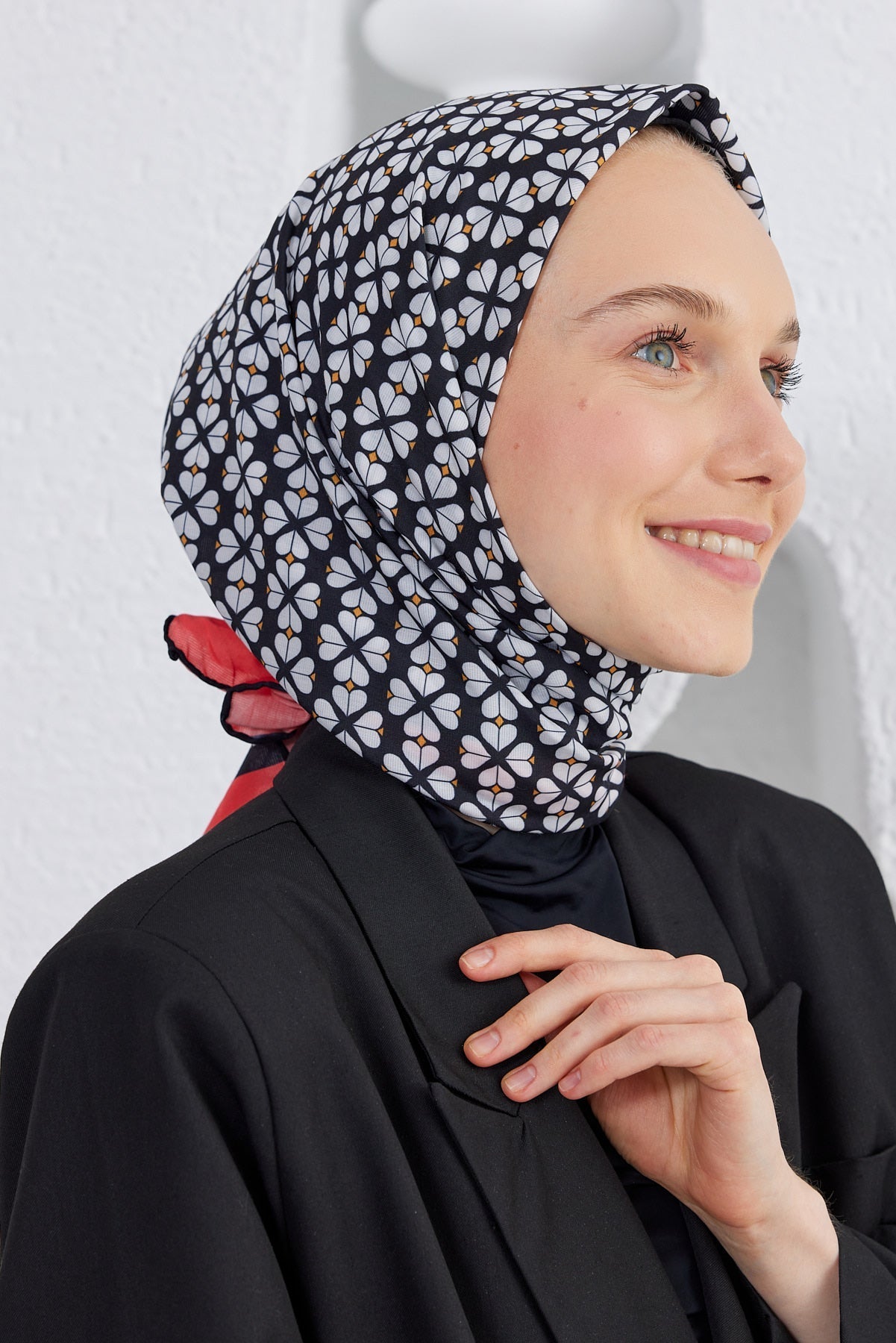 Pro Line Yonca Desen Eşarp - Siyah - Kırmızı