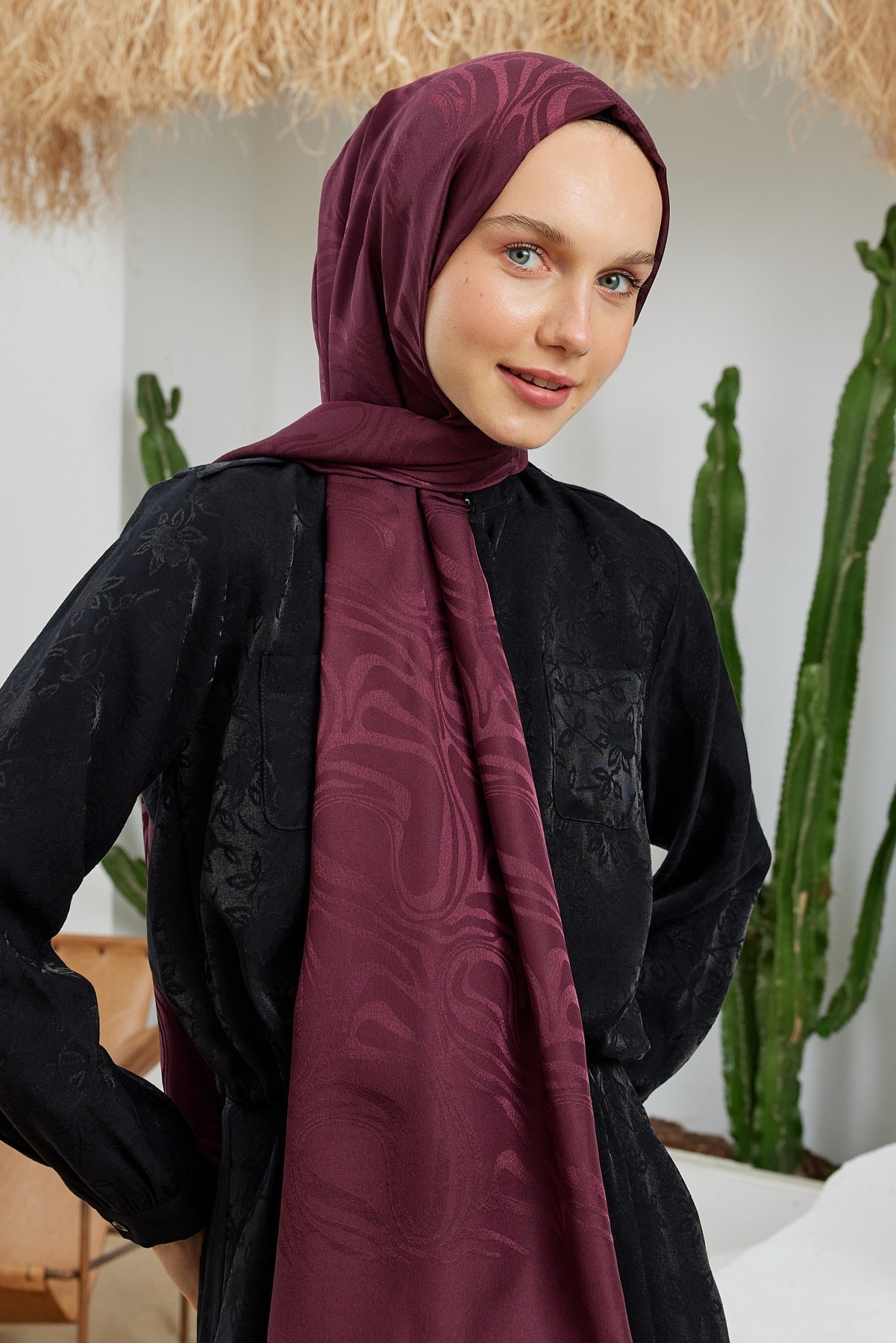 Jakar Janjan Dalga Desen Şal - Bordo