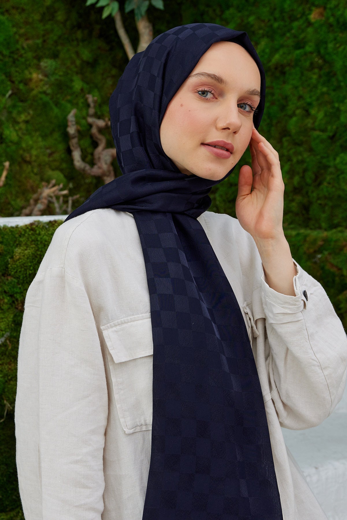 Jakar Janjan Dama Desen Şal - Koyu Lacivert