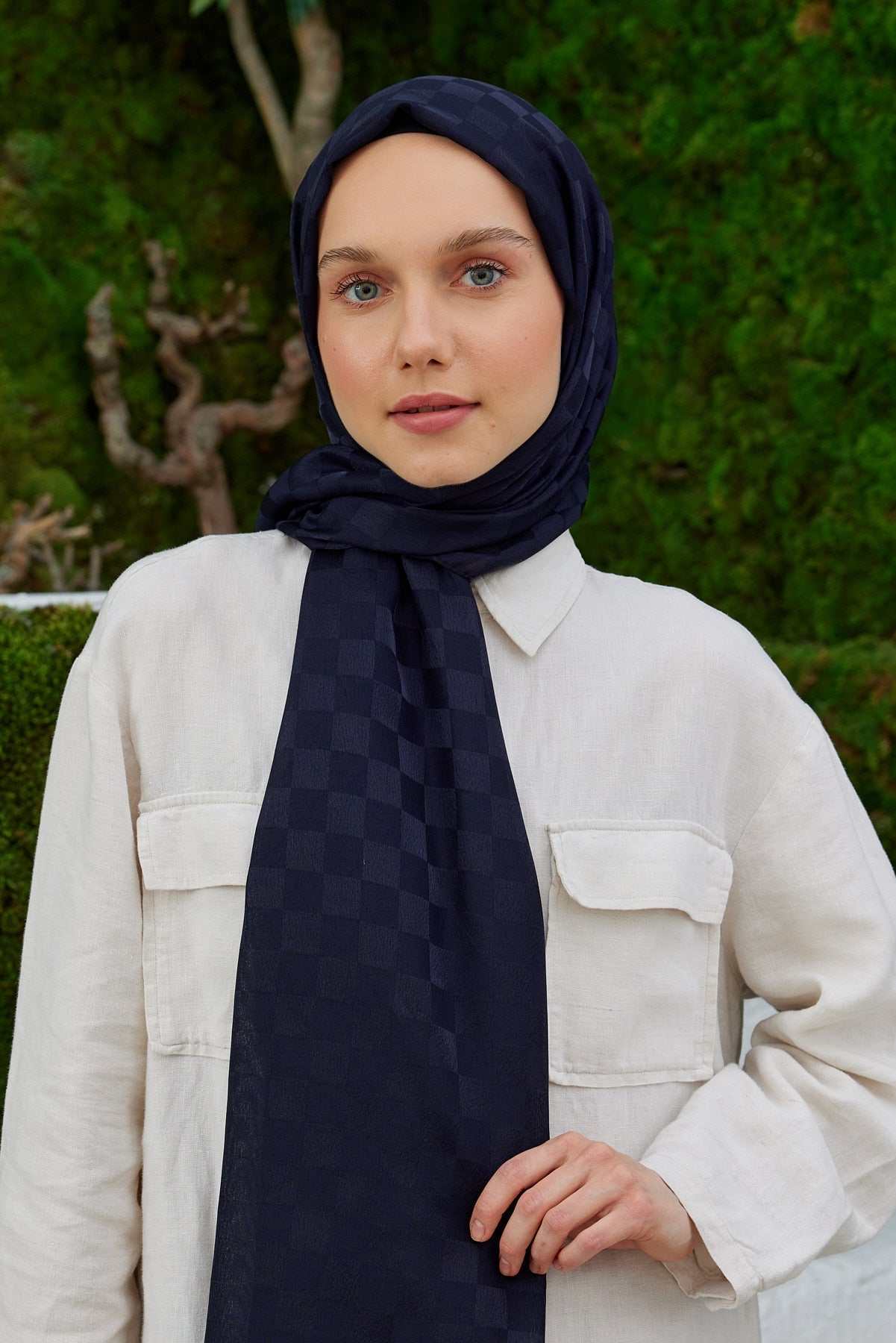 Jakar Janjan Dama Desen Şal - Koyu Lacivert