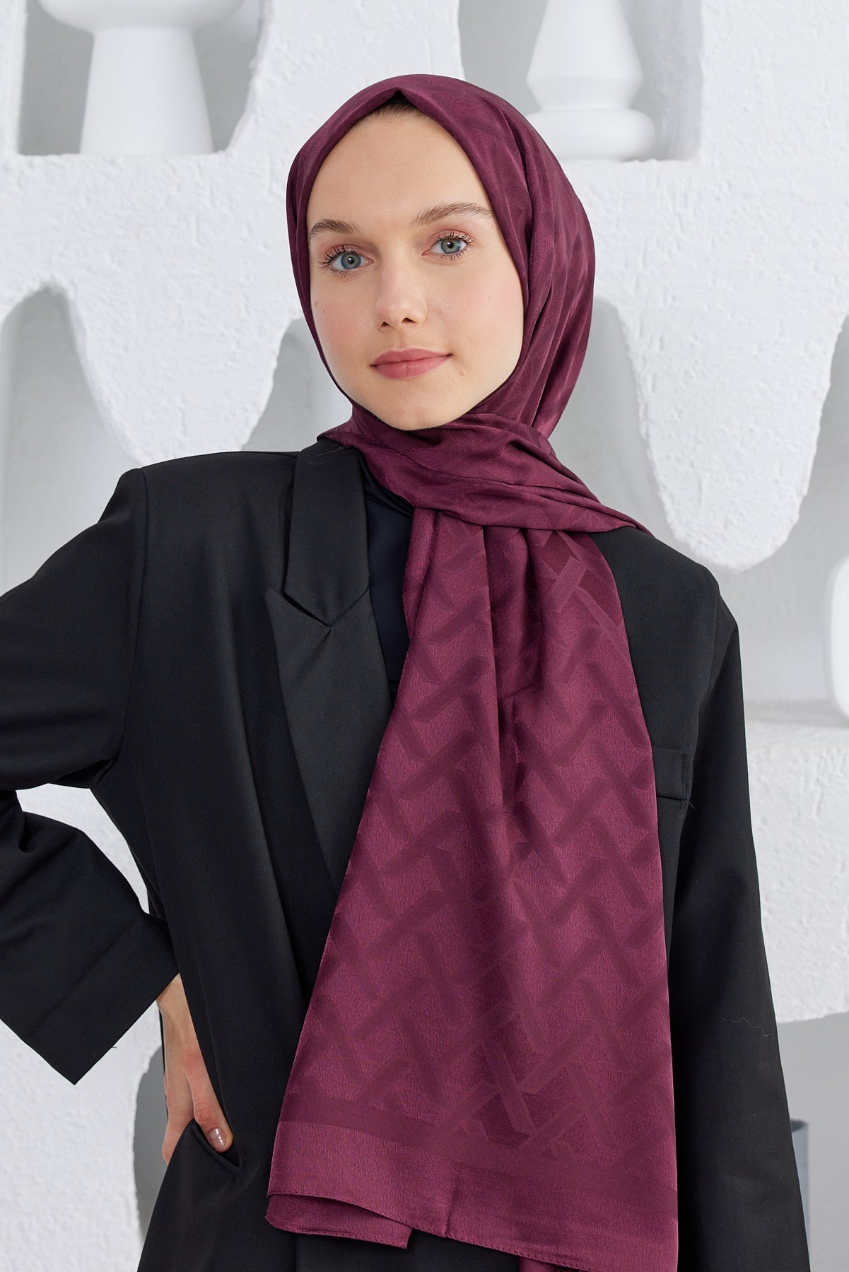 Jakar Janjan Line Desen Şal - Bordo