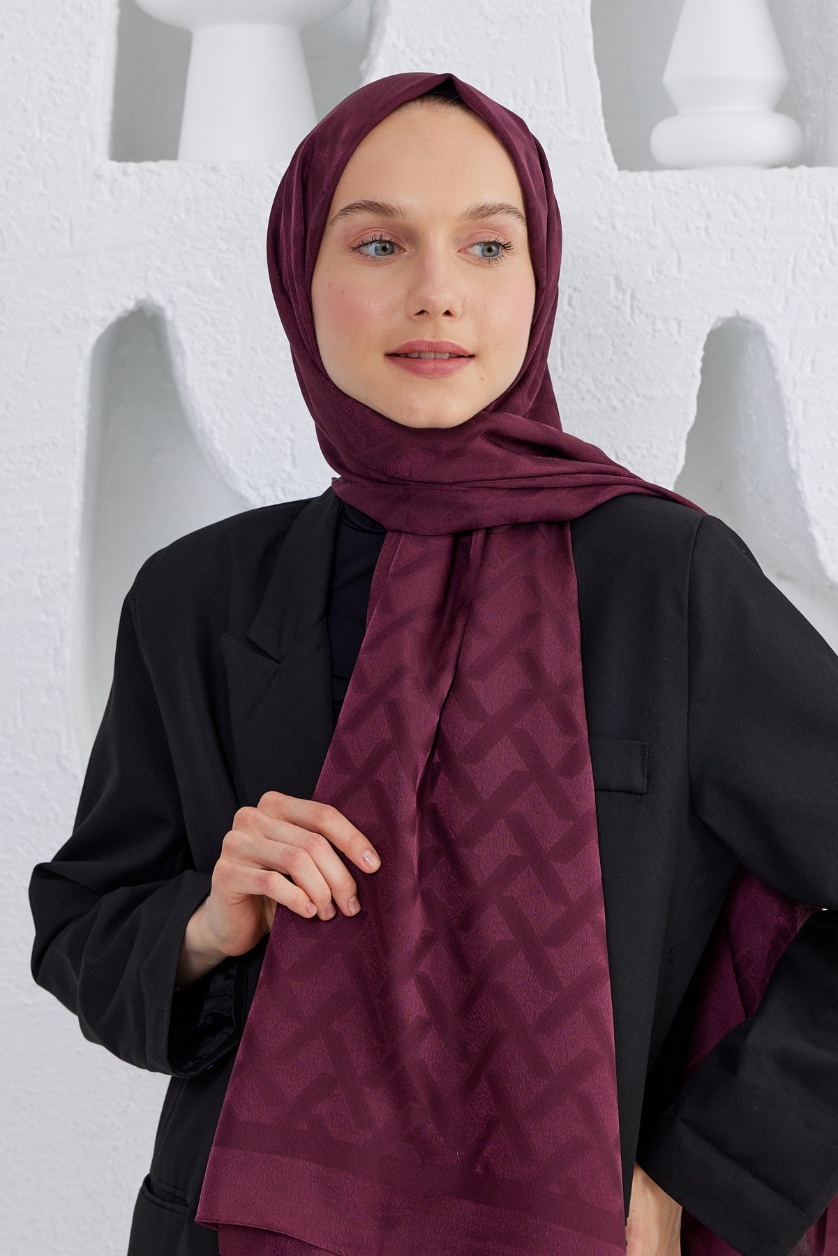 Jakar Janjan Line Desen Şal - Bordo