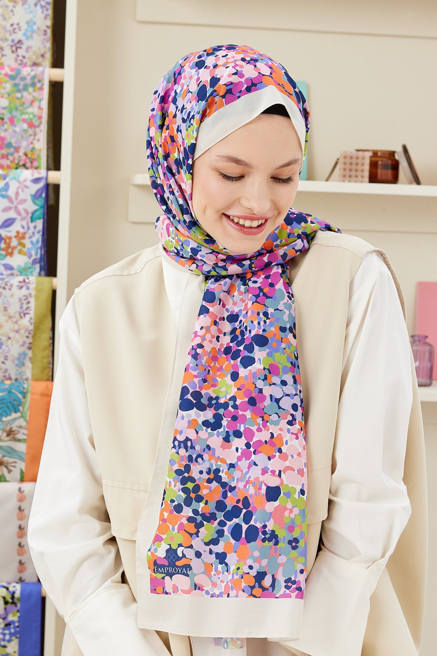 Pro Line Lavin Desen Şal - Bej - Nar Çiçeği