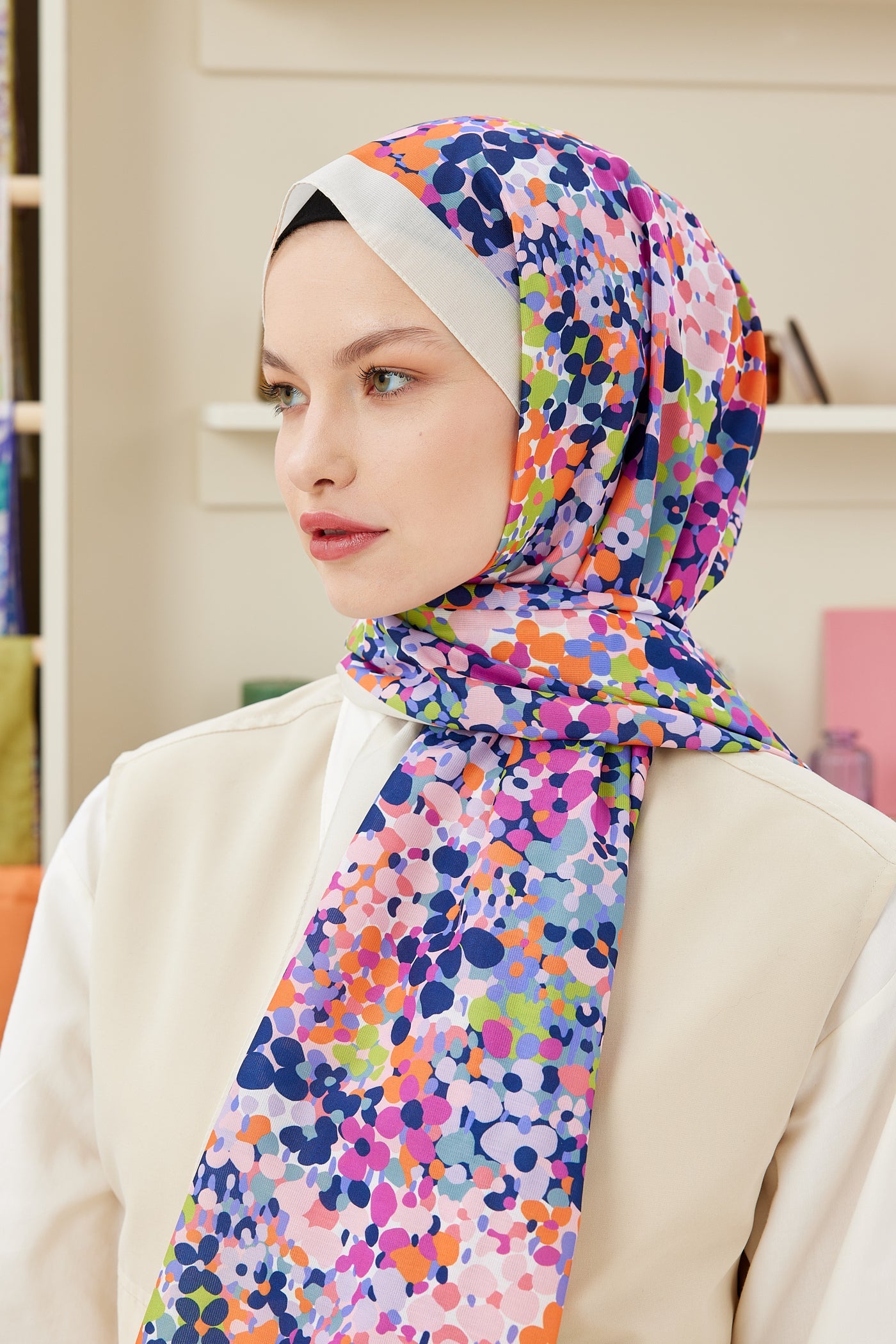 Pro Line Lavin Desen Şal - Bej - Nar Çiçeği