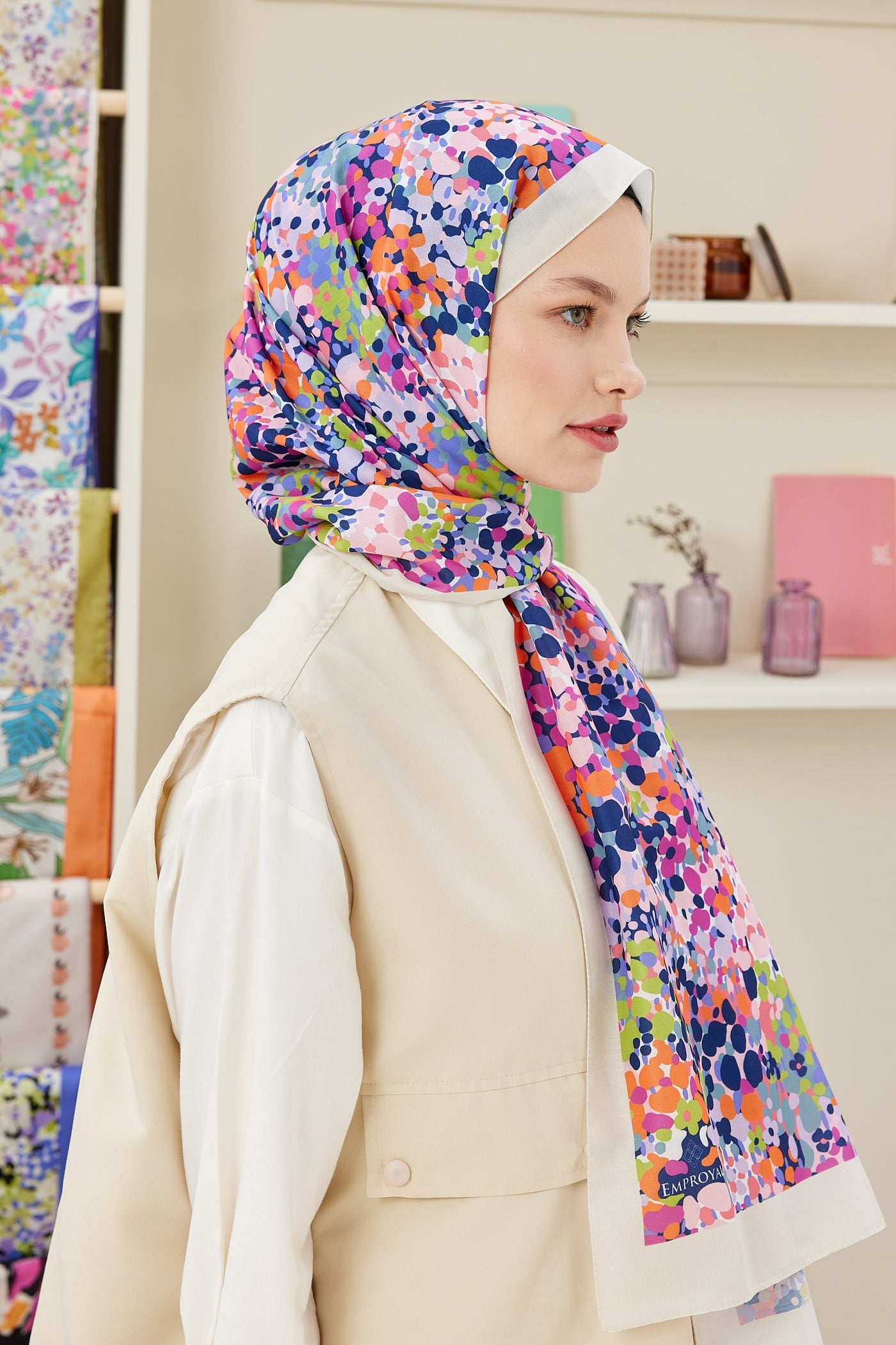 Pro Line Lavin Desen Şal - Bej - Nar Çiçeği