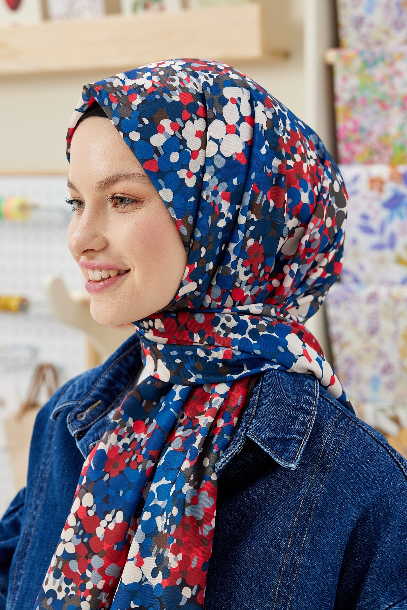 Pro Line Lavin Desen Şal - Kırmızı - Lacivert