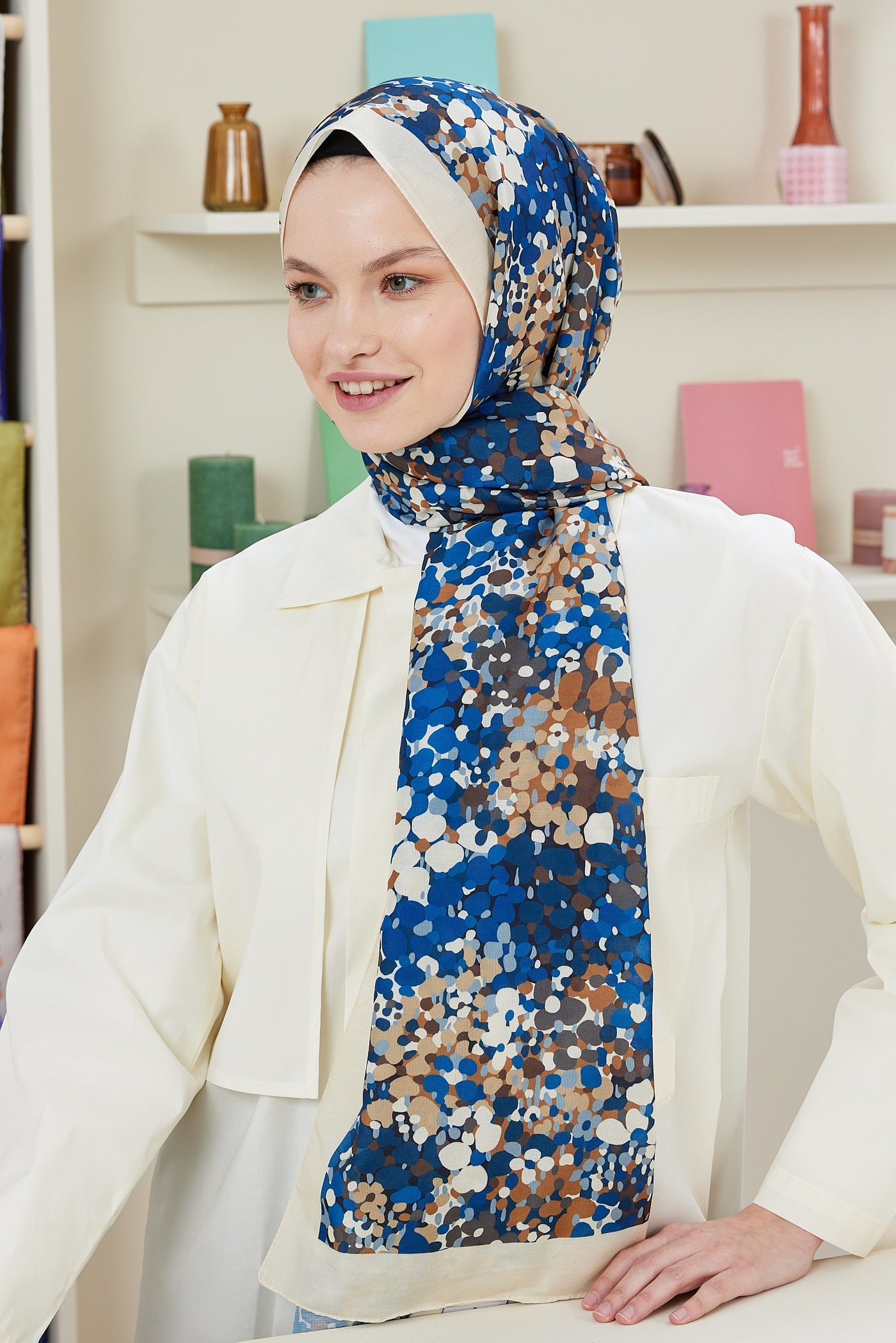 Pro Line Lavin Desen Şal - Lacivert - Ekru