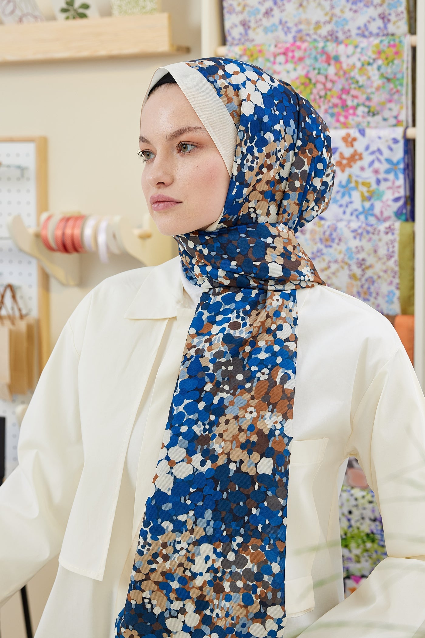 Pro Line Lavin Desen Şal - Lacivert - Ekru