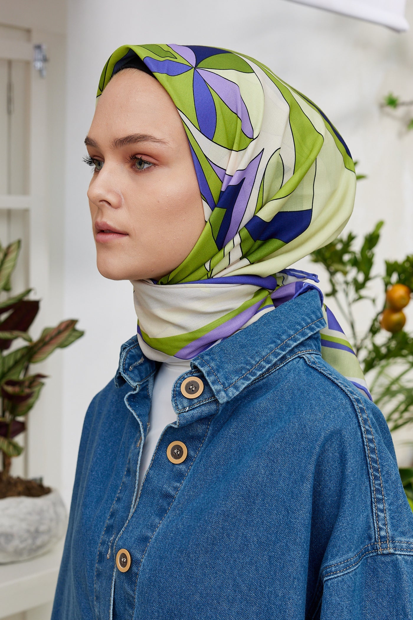 Pro Line Melinda Desen Eşarp - Yağ Yeşili - Lila