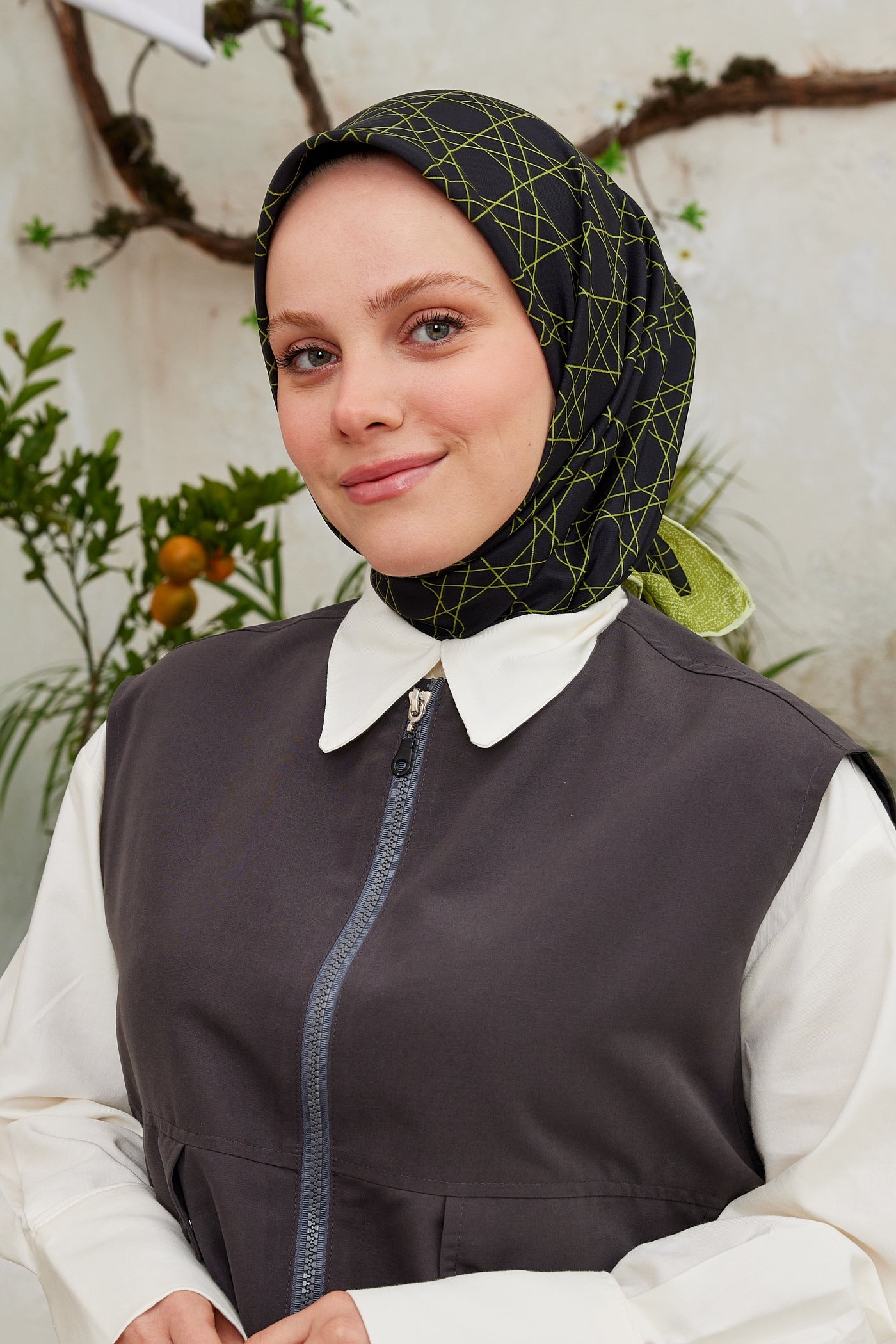 Pro Line Geometric Desen Eşarp - Yağ Yeşili