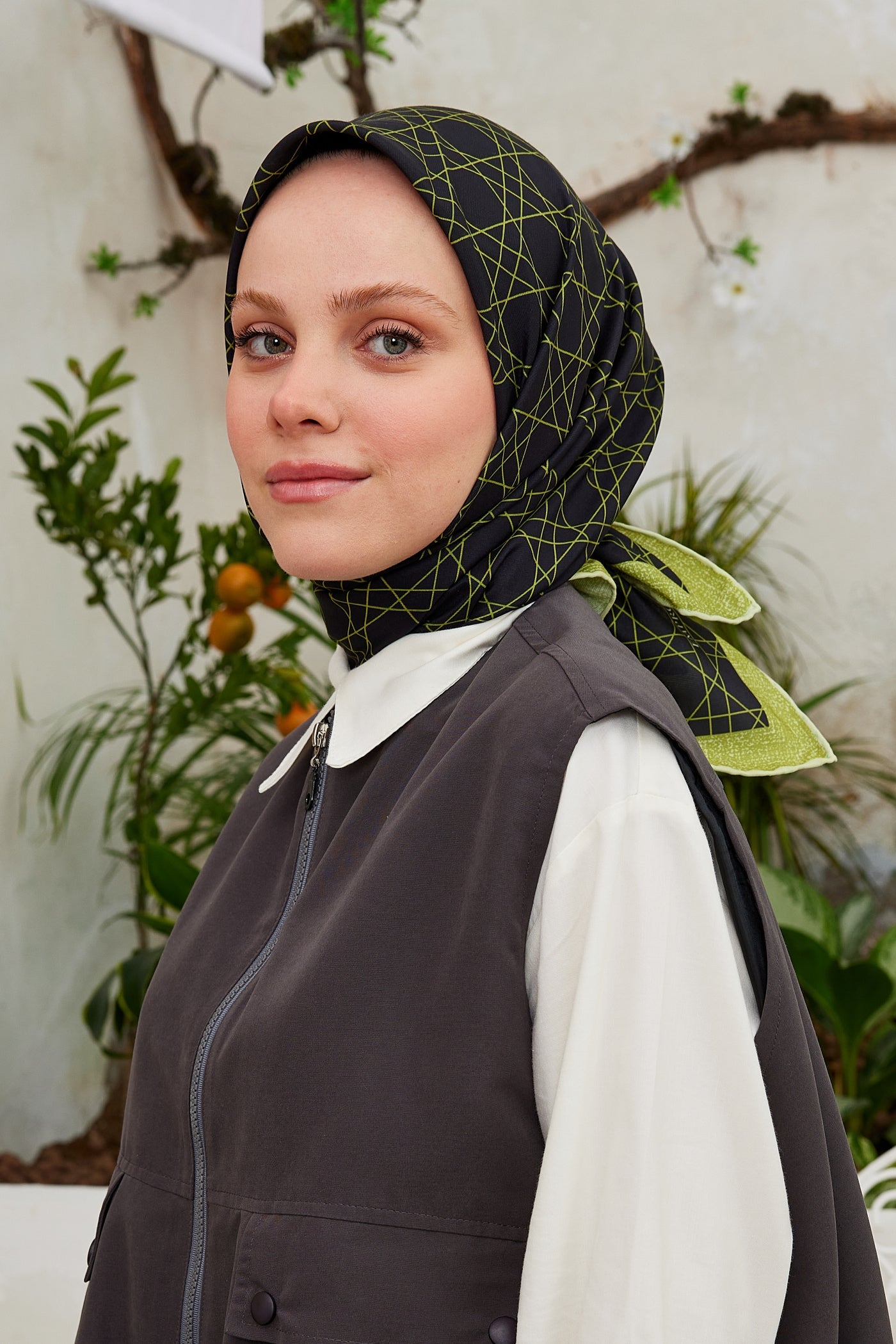 Pro Line Geometric Desen Eşarp - Yağ Yeşili