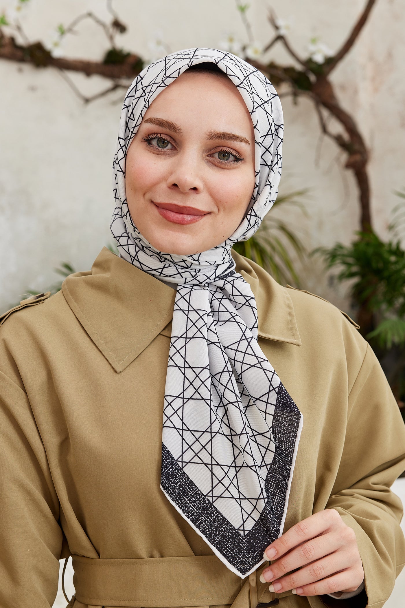 Pro Line Geometric Desen Eşarp - Beyaz