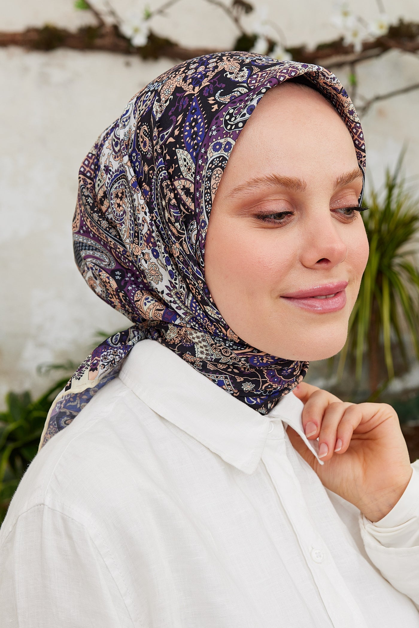 Pro Line Etnic Desen Eşarp - Beyaz - Mor