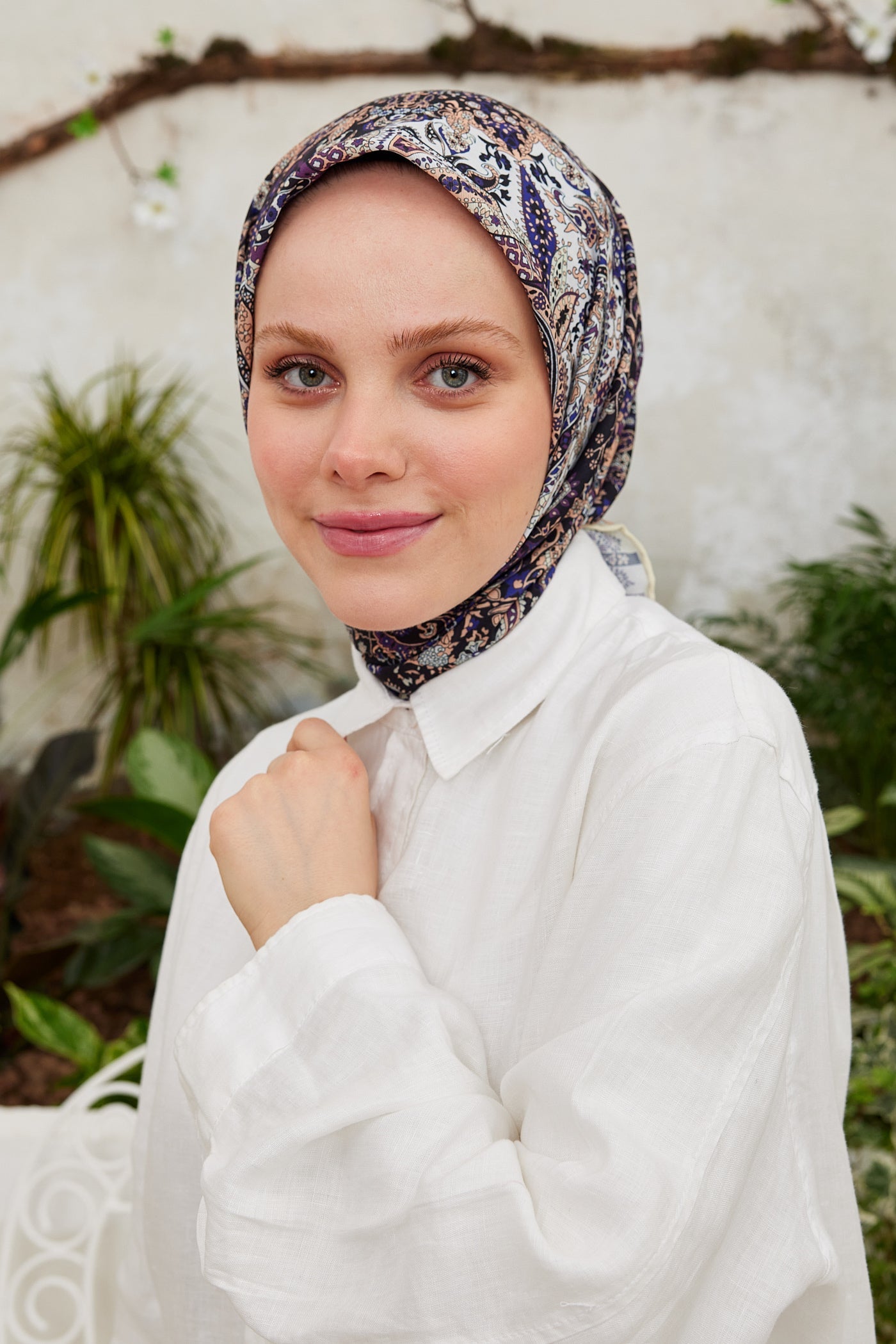 Pro Line Etnic Desen Eşarp - Beyaz - Mor