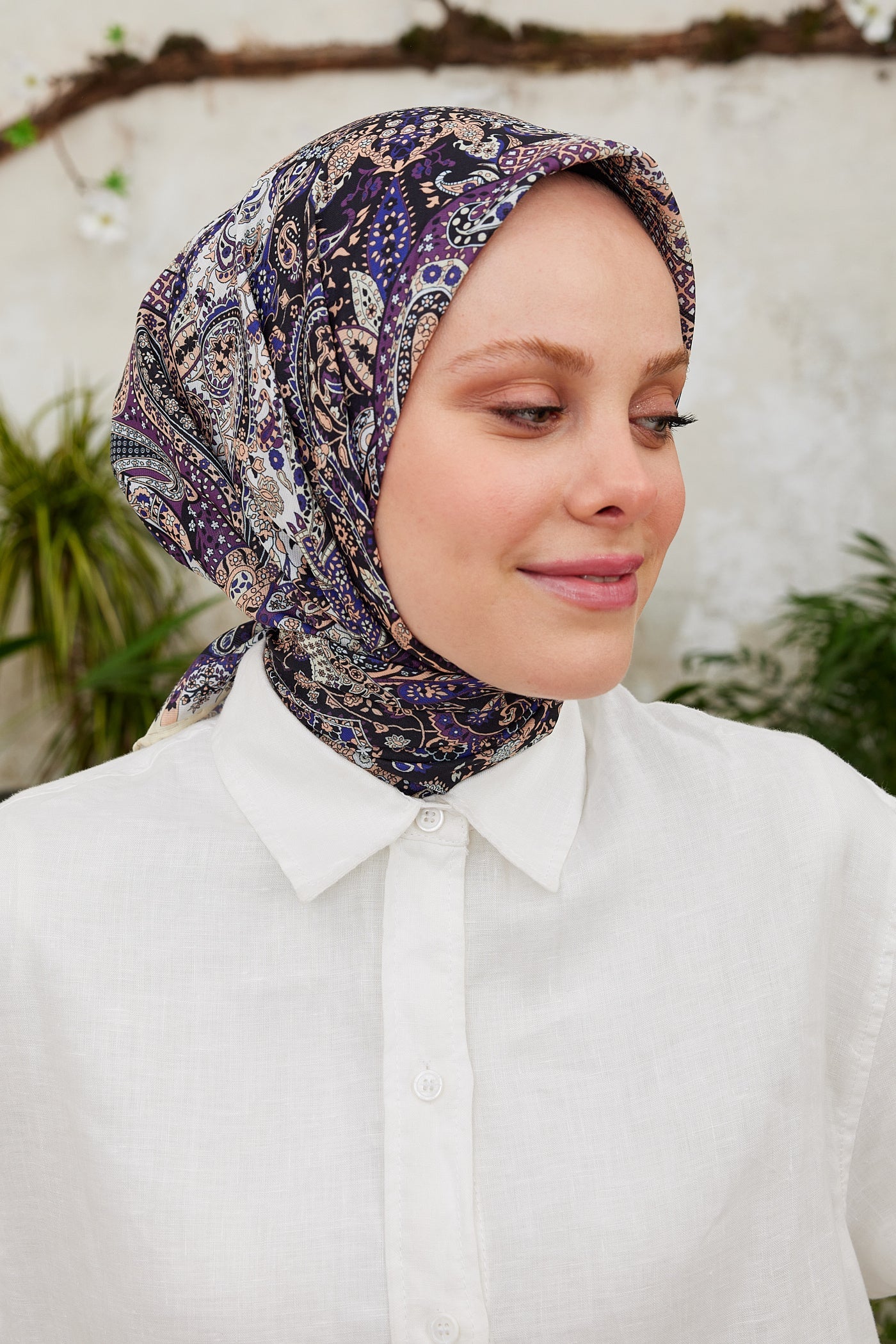 Pro Line Etnic Desen Eşarp - Beyaz - Mor