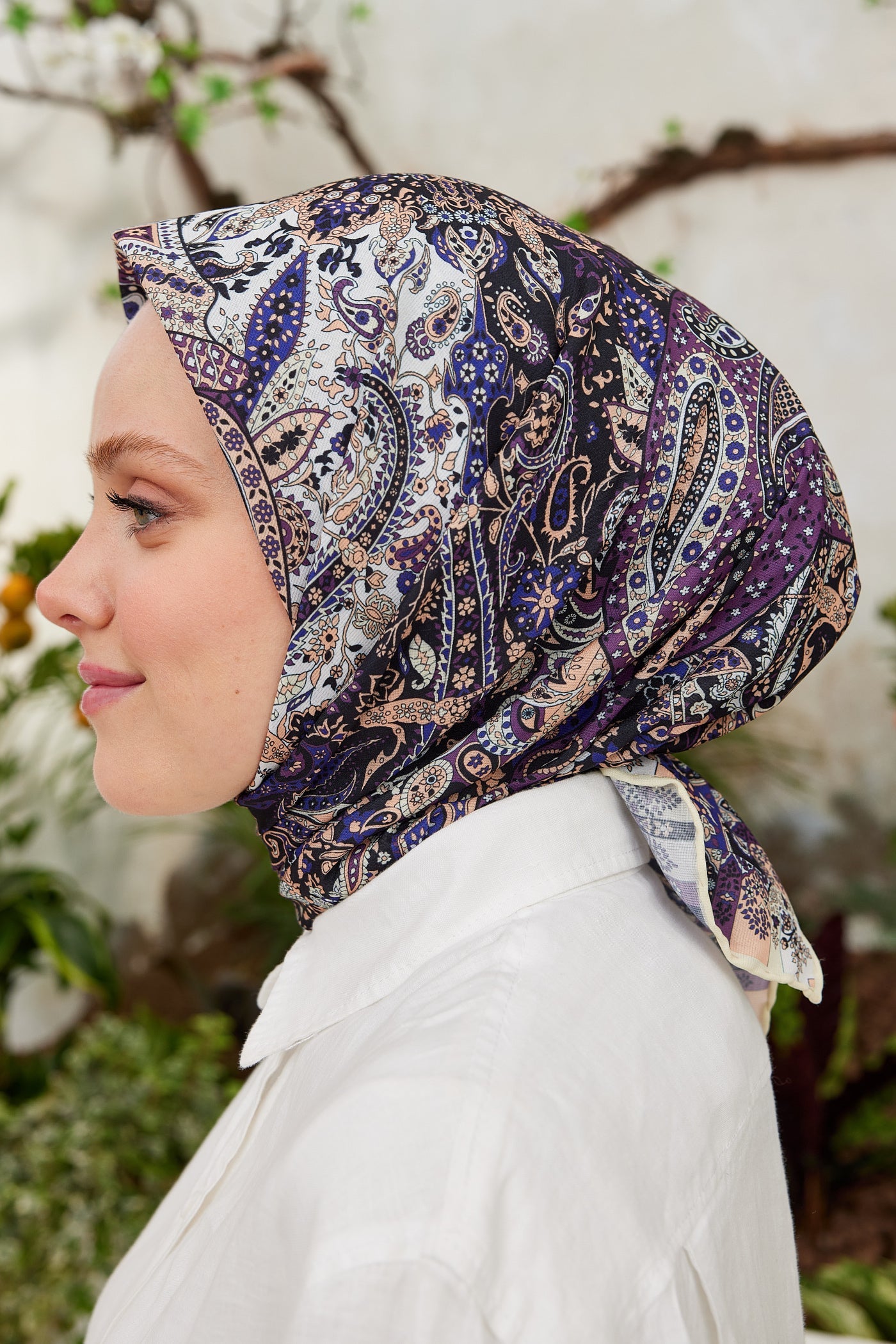 Pro Line Etnic Desen Eşarp - Beyaz - Mor