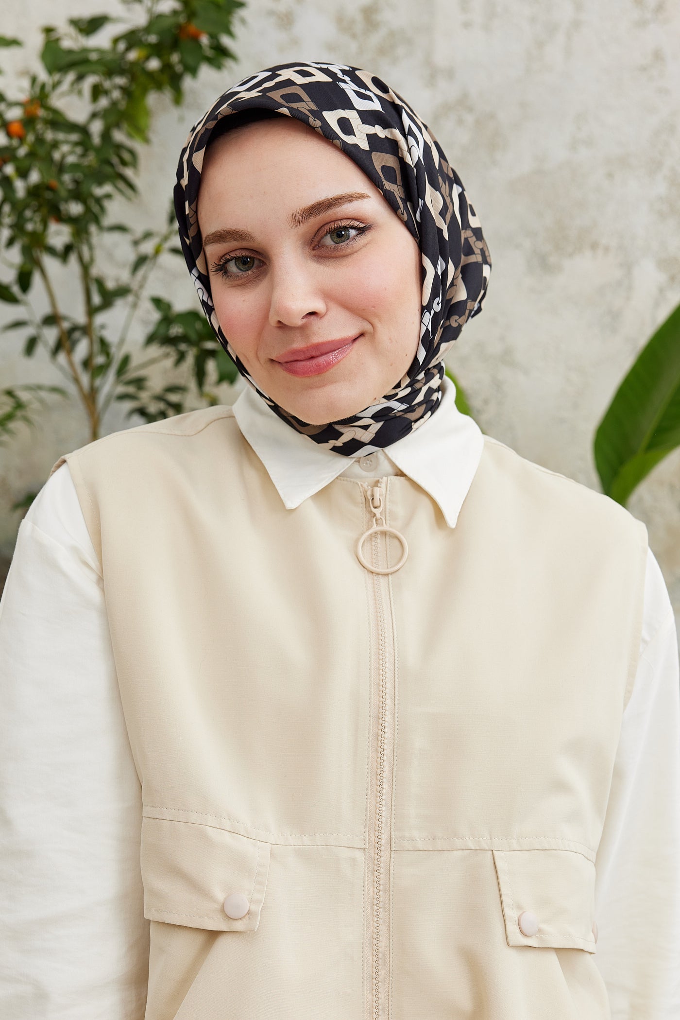 Pro Line Zincir Desen Eşarp - Bej - Kahverengi