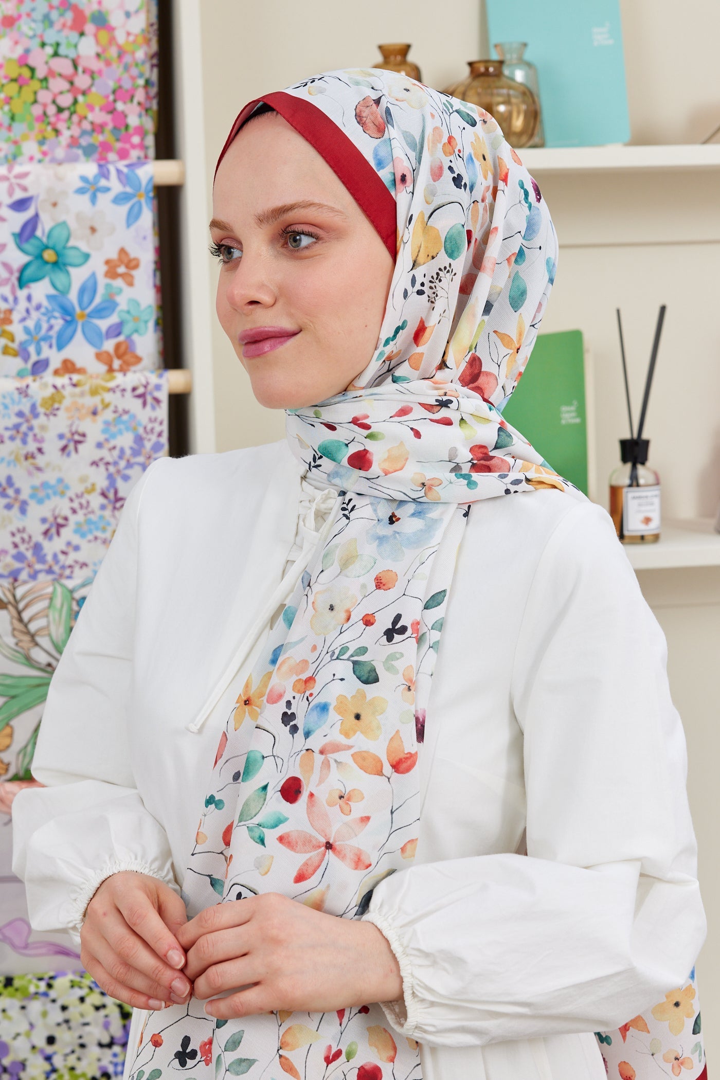 Pro Line Mimosa Desen Şal - Beyaz - Bordo