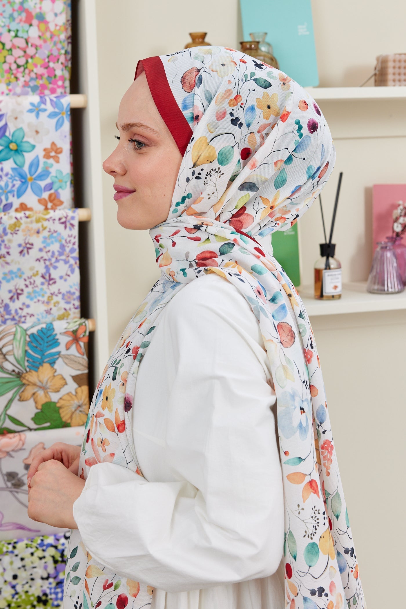 Pro Line Mimosa Desen Şal - Beyaz - Bordo