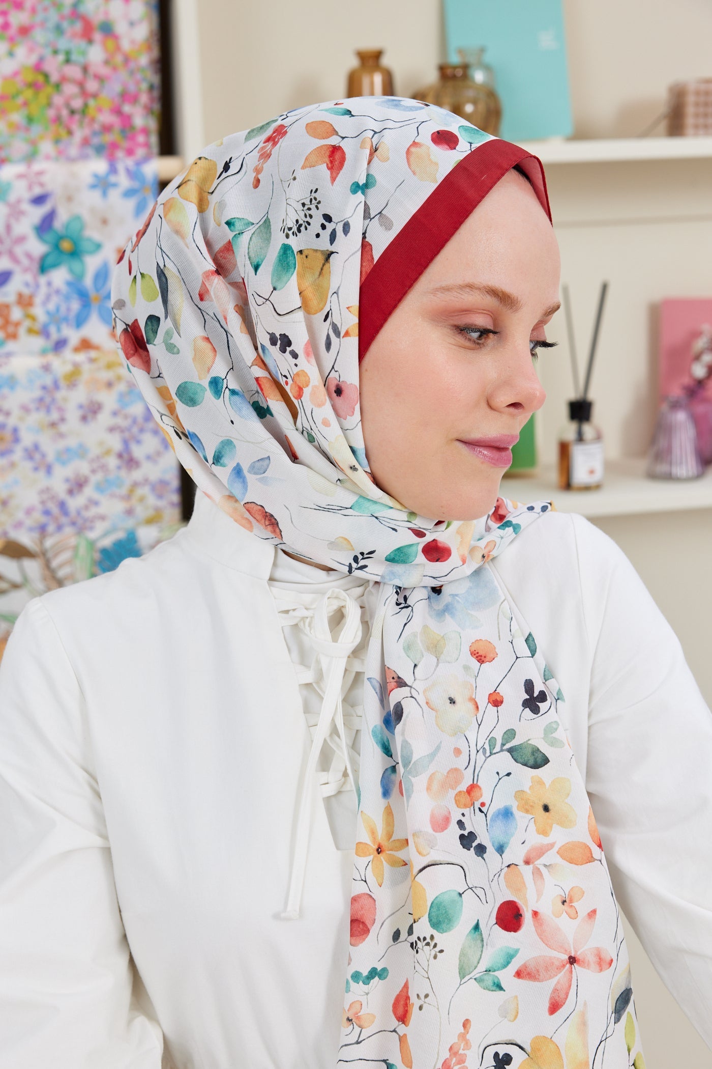 Pro Line Mimosa Desen Şal - Beyaz - Bordo