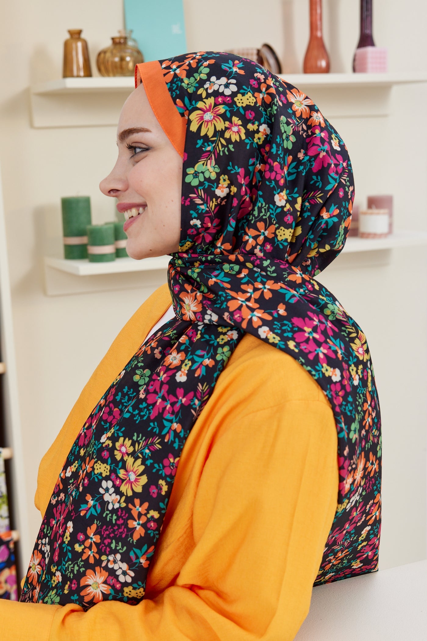 Pro Line Rosaline Desen Şal - Fuşya - Turuncu