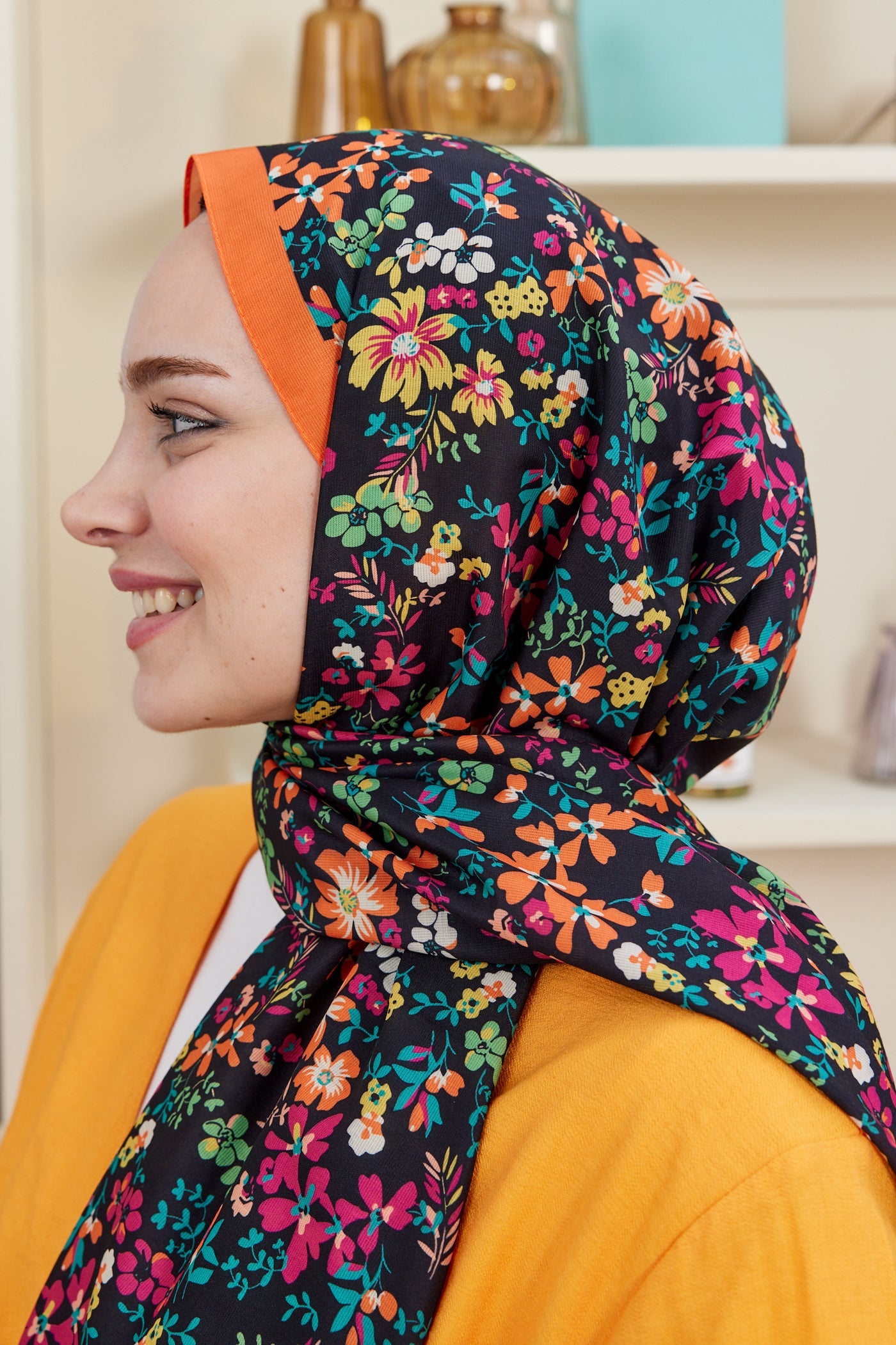 Pro Line Rosaline Desen Şal - Fuşya - Turuncu