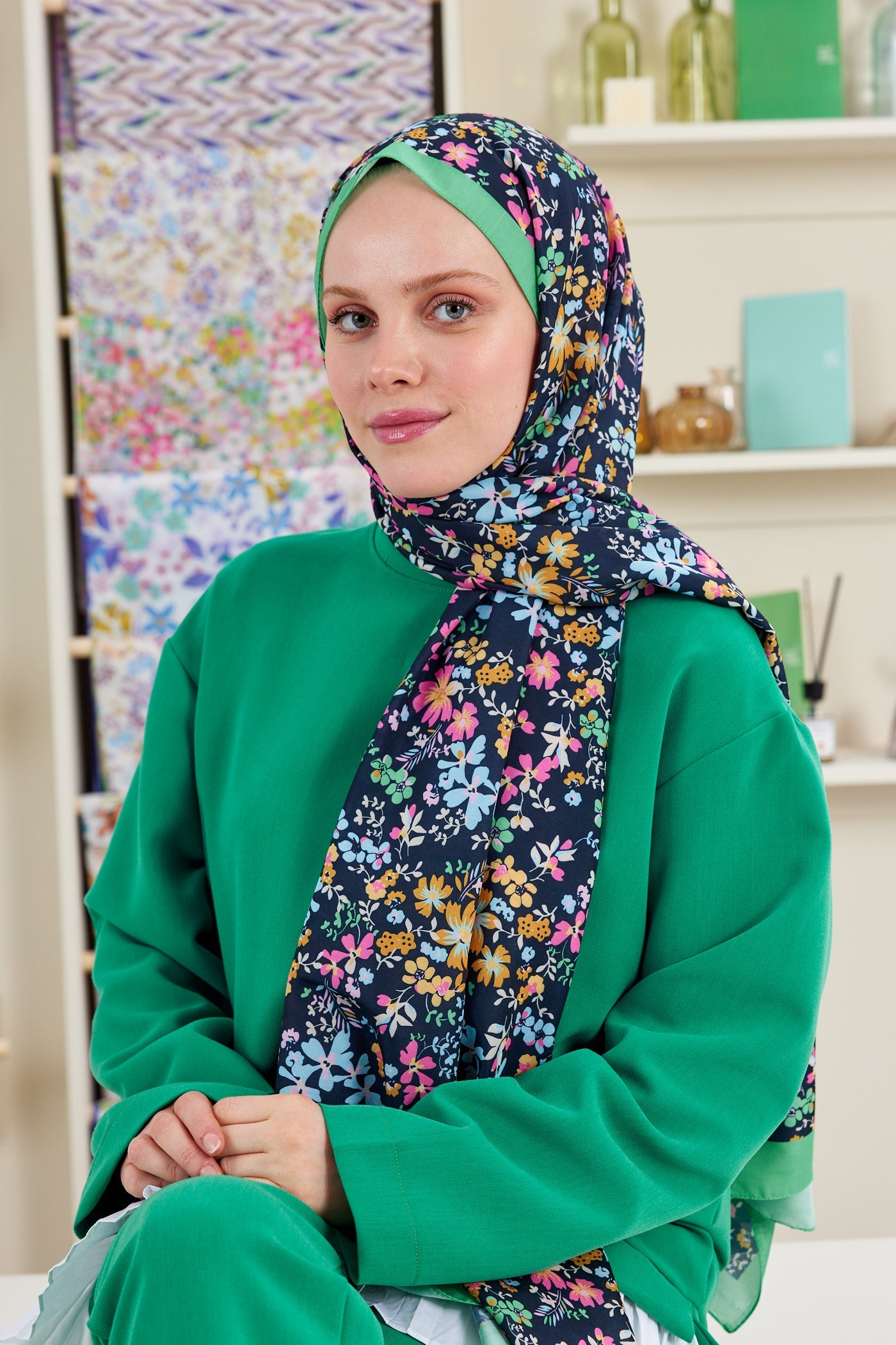 Pro Line Rosaline Desen Şal - Yeşil - Pembe