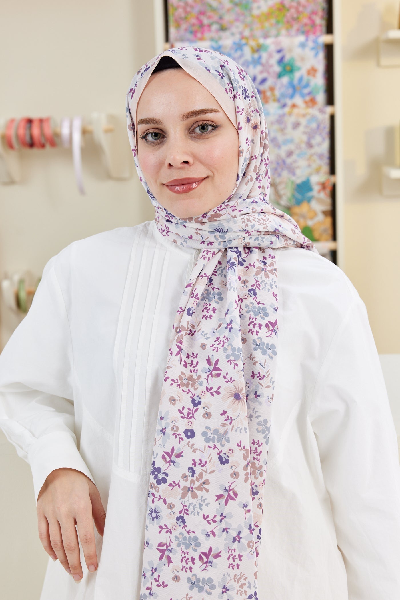 Pro Line Rosaline Desen Şal - Vizon - Mor