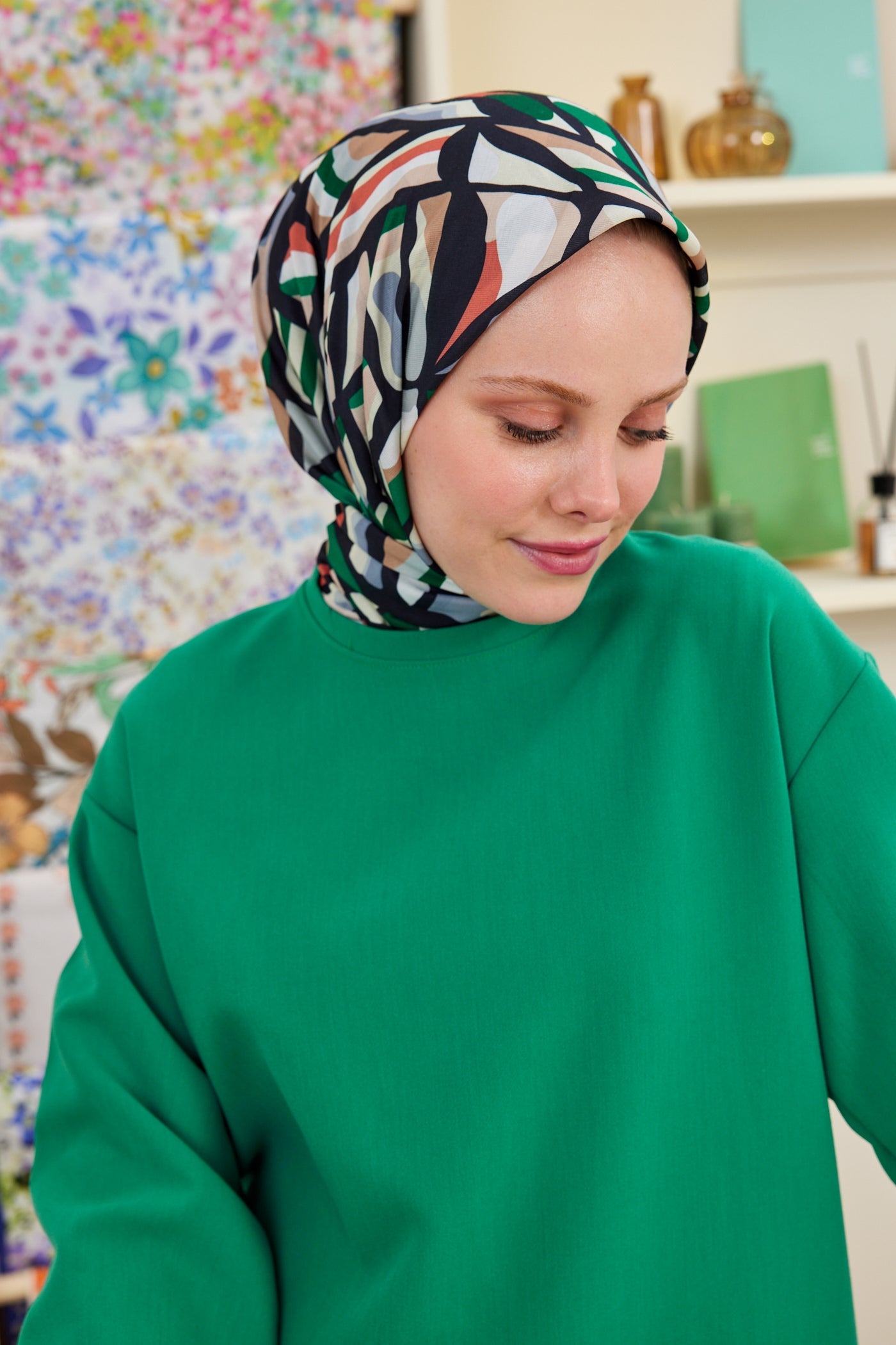 Pro Line Chloe Desen Eşarp - Koyu Yeşil - Turuncu