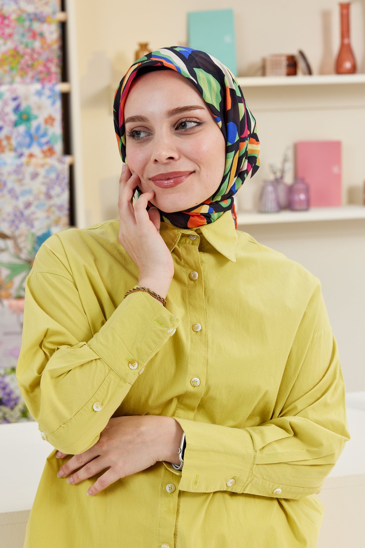 Pro Line Chloe Desen Eşarp - Turuncu - Fıstık Yeşil