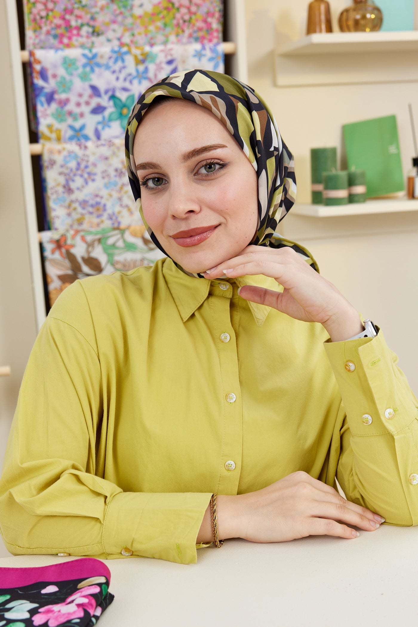 Pro Line Chloe Desen Eşarp - Yağ Yeşil - Kahverengi