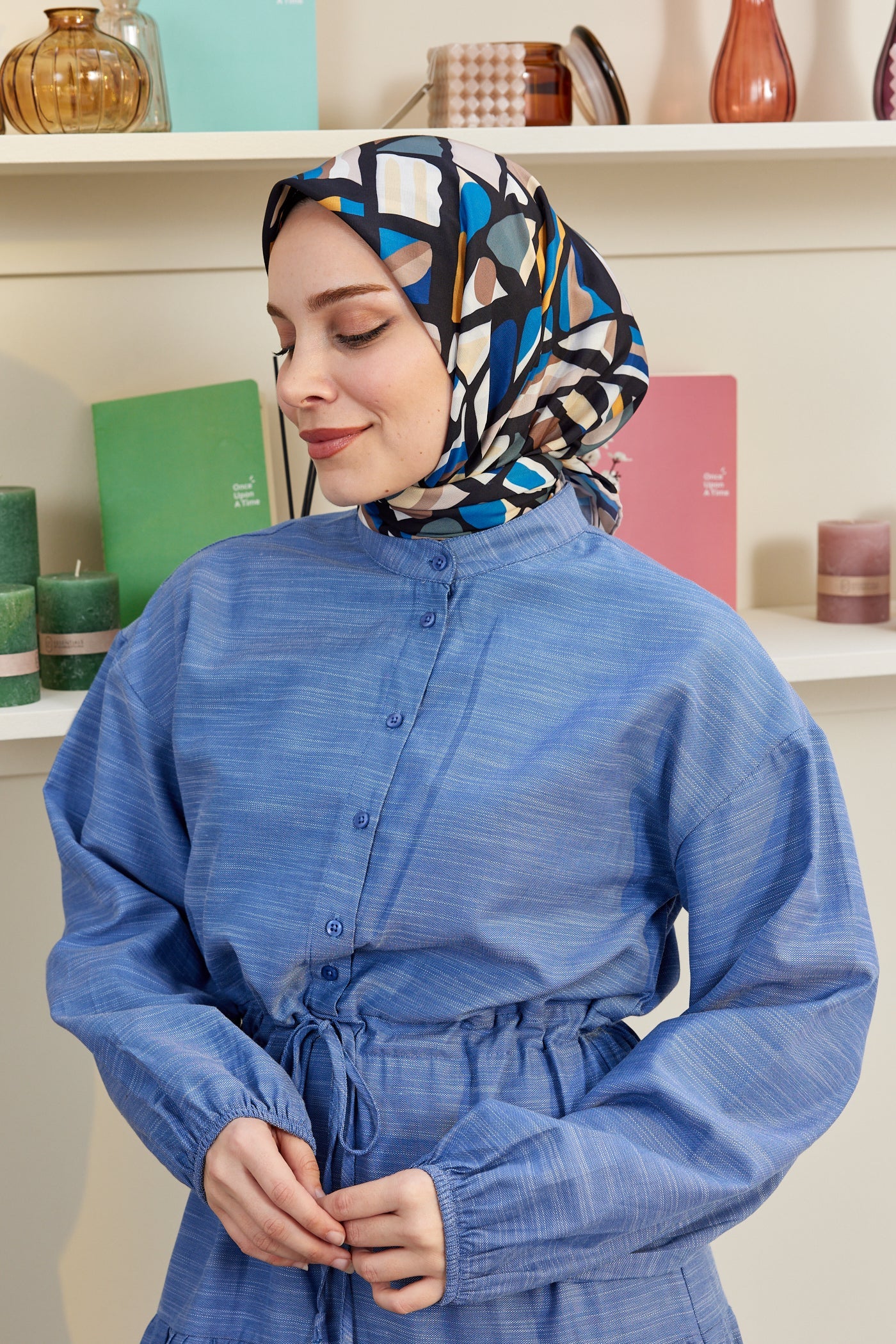 Pro Line Chloe Desen Eşarp - Mavi - Gri