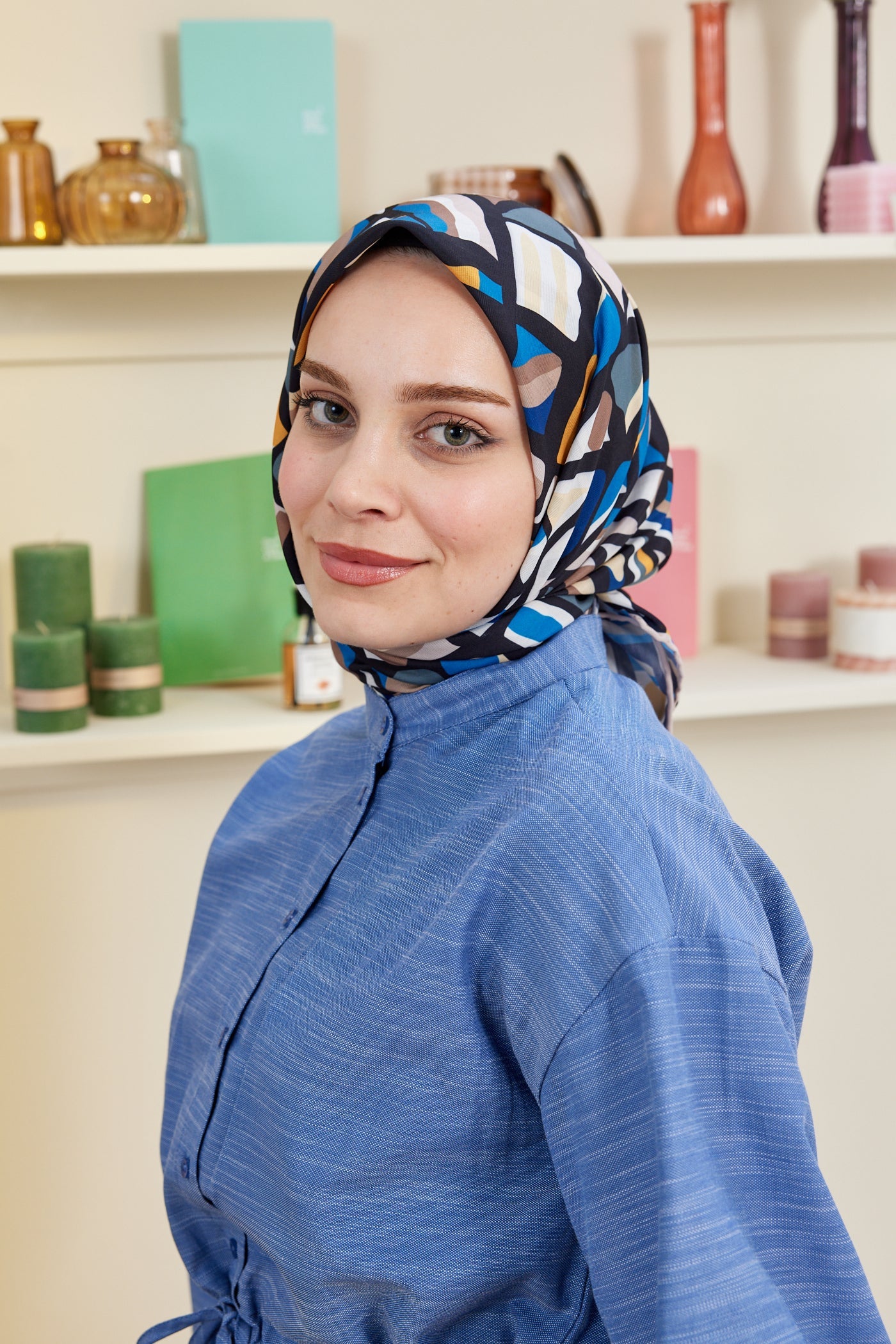 Pro Line Chloe Desen Eşarp - Mavi - Gri