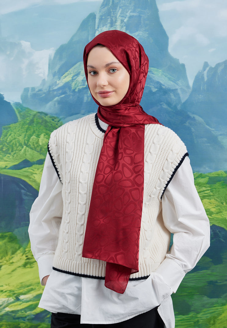 Jakar Janjan Taş Desen Şal - Kırmızı