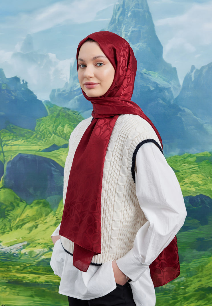 Jakar Janjan Taş Desen Şal - Kırmızı